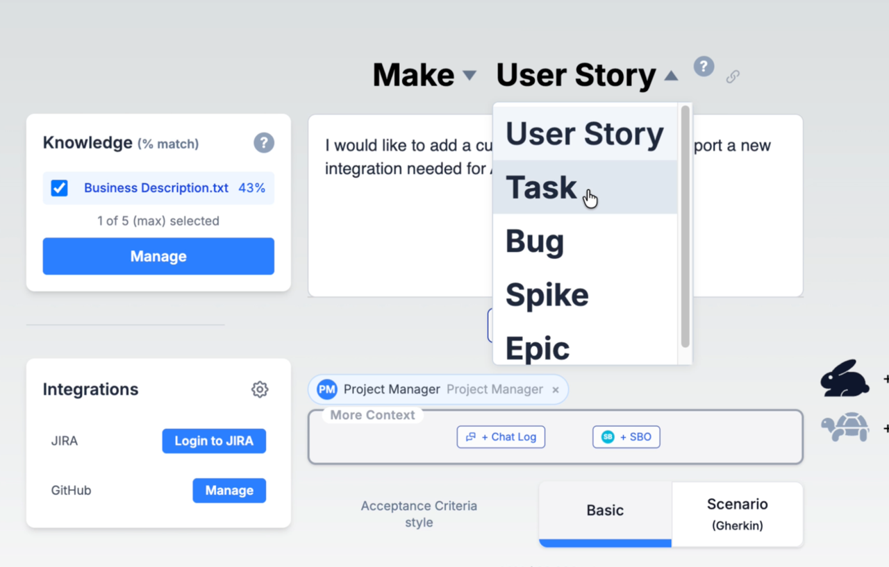 Generated user stories view