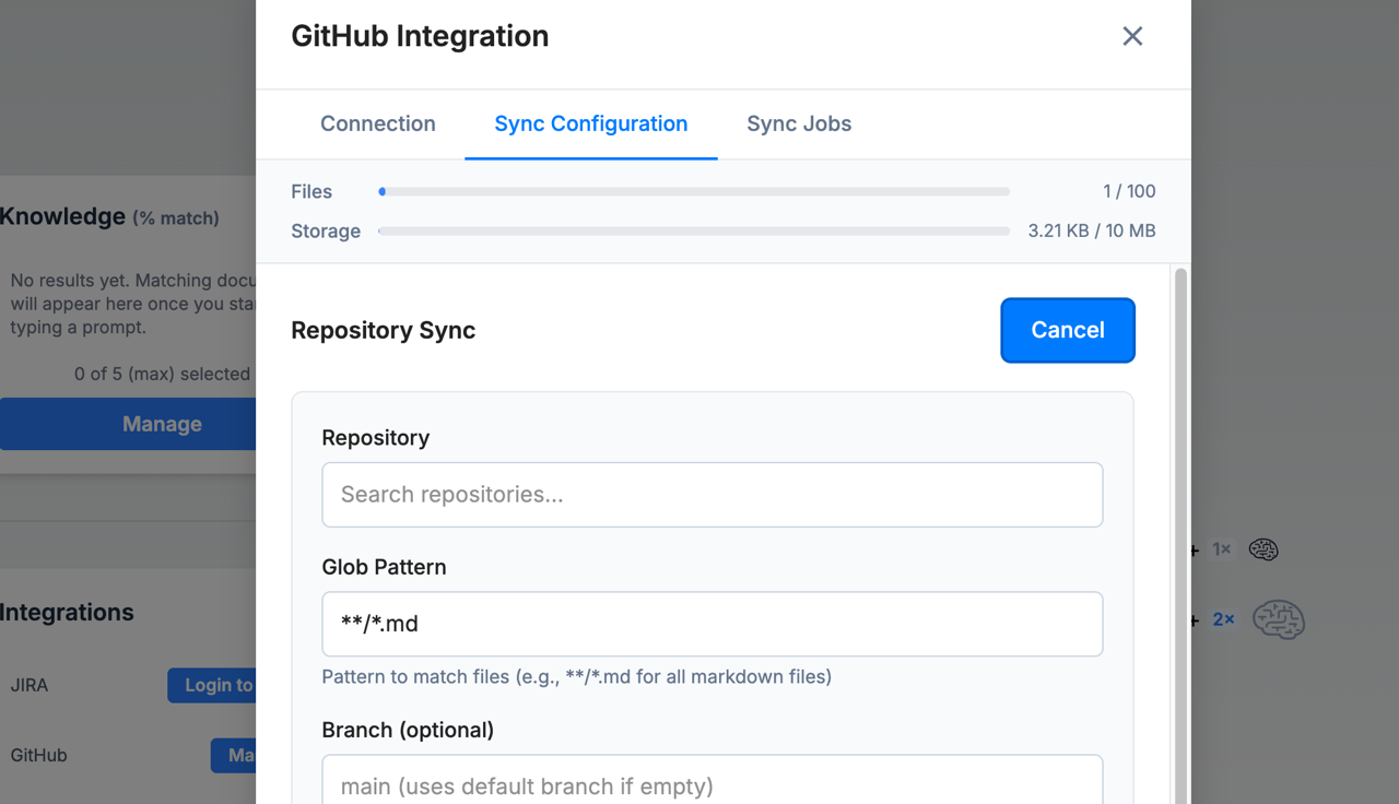 GitHub and Jira integrations panel