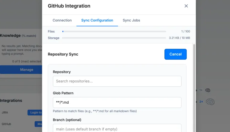 GitHub and Jira integrations panel